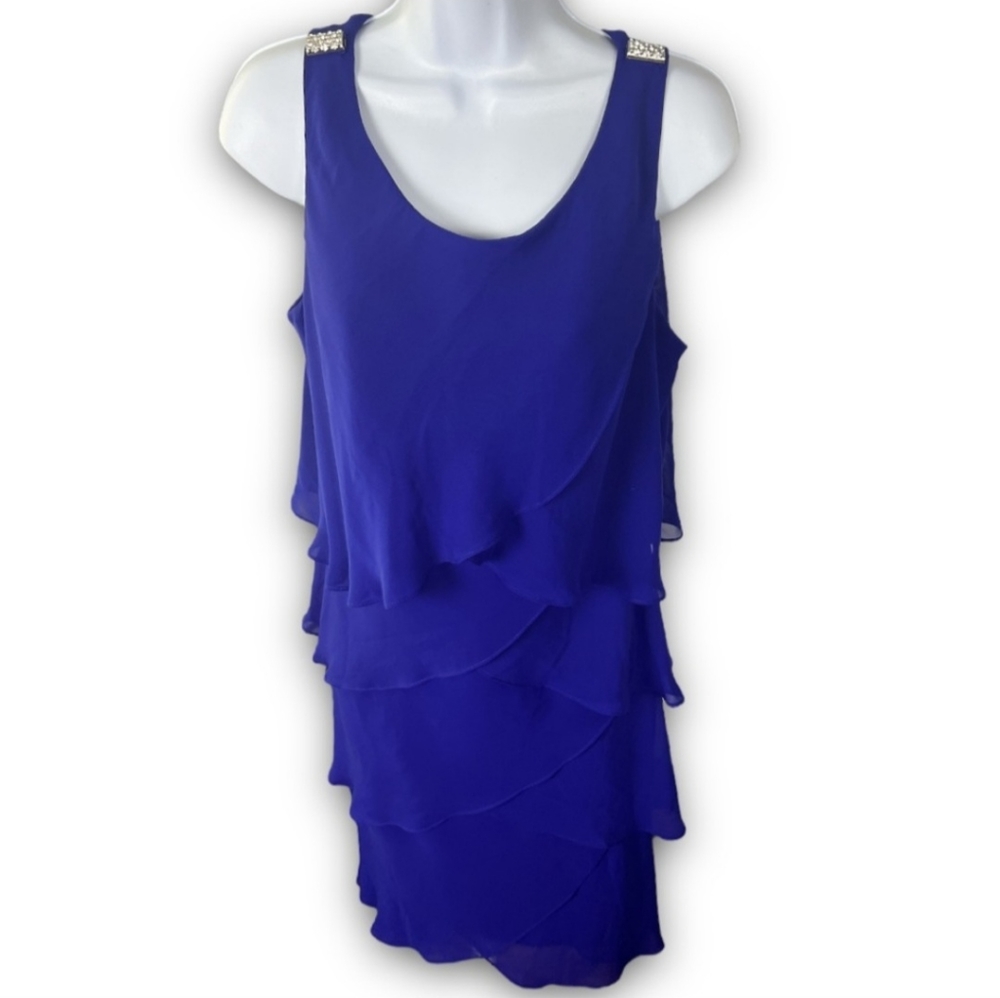 SLNY Women’s Royal Blue Tiered Sleeveless Dress With Rhinestone Accent Size 14